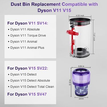 Dyson V11/V15/SV14/SV15/SV22 Replacement Dust Bin & HEPA Filter - Compatible with Dyson Vacuum Cleaners (970050-01/965443-01)