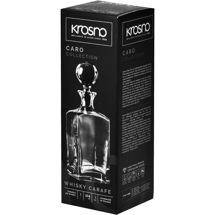 Krosno Whisky Rum Decanter Carafe with Stopper | 1000 ml | Caro Collection | Gift Box Brandy Glass | Water Bottle | perfect for home, restaurants and kitchen | Decanter ideal as a gift
