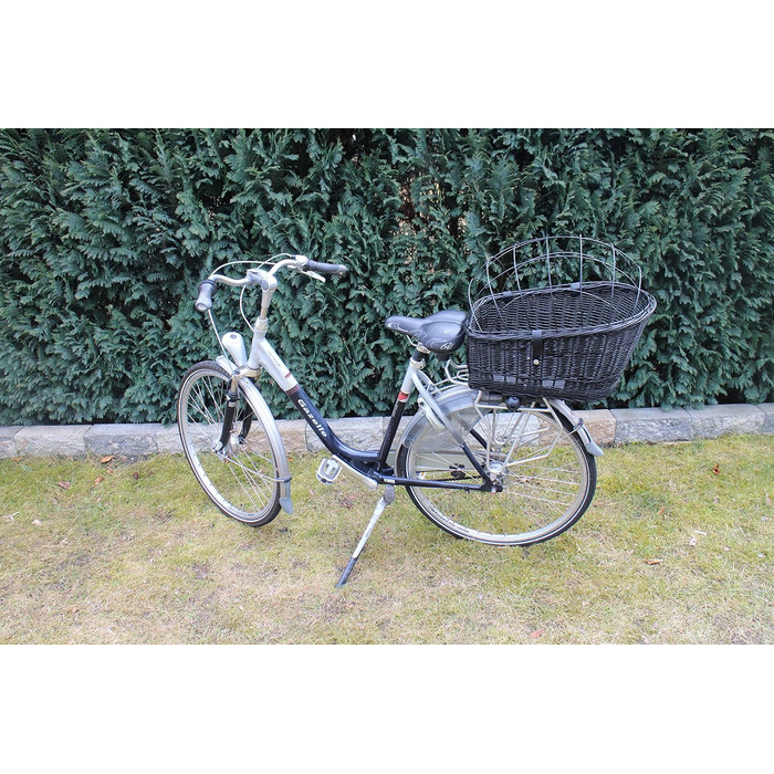 Корзина для велосипеда для перевезення багажу з лози з металевою сіткою та подушкою, чорна XL або XXL. Підходить для собак та інших тварин. Розміри: 56 x 36 x 45 см (XL без подушки)