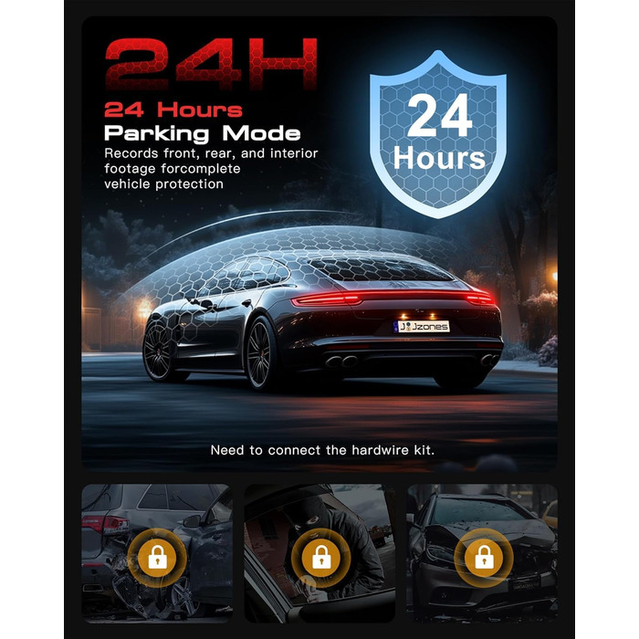 Відеореєстратор Jzones з GPS, WiFi, 4K+1080P, потрійна камера (передня, задня, внутрішня), 64GB SD, G-сенсор, нічне бачення, паркувальний режим, керування через додаток