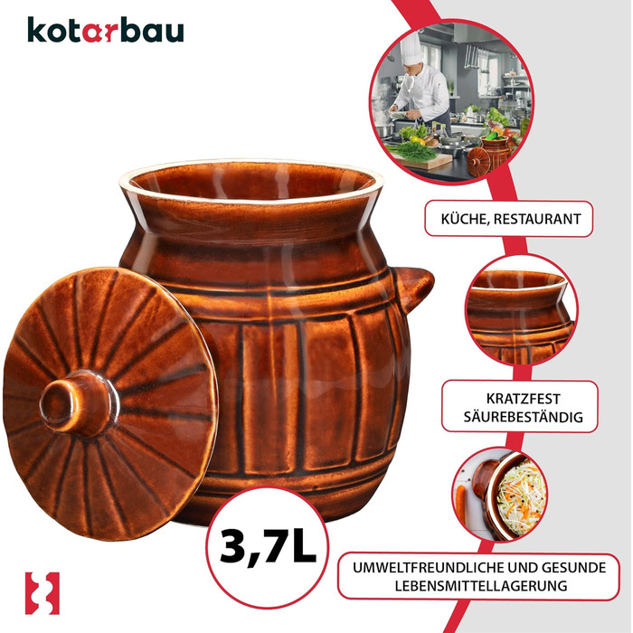 Керамічний глечик KOTARBAU 3,7 л для квашення, бурий, з кришкою, для огірків та квашеної капусти, з кам'яної кераміки