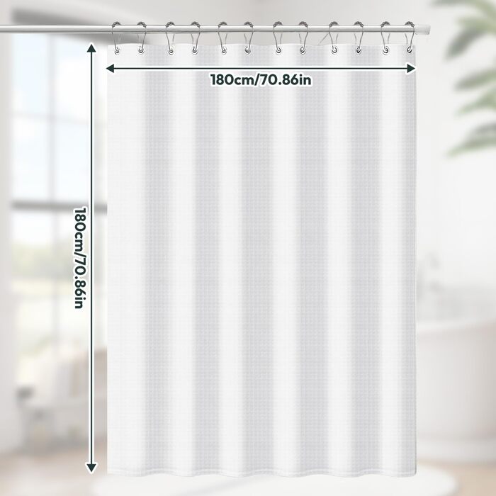 Штора для душу біла 180x180 см, вафельна, з металевими кільцями та гачками, водонепроникна, з утяжеленим краєм
