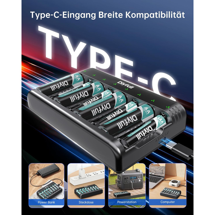 Зарядний пристрій Dlyfull для акумуляторів AAA/AA, 8-канальний зарядний пристрій з LED-дисплеєм, 5V/2A USB-C, для NI-MH/NI-CD, чорний