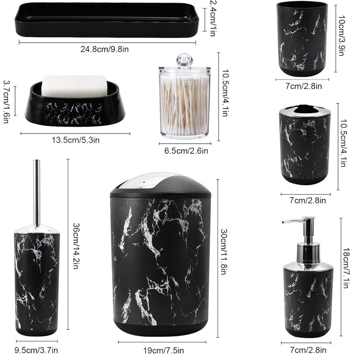 Набір аксесуарів для ванної кімнати з чорним мармуровим візерунком: сміттєвий бак, тумбочка під раковину, дозатор мила, мильниця, тримач для зубних щіток, стакан для зубних щіток, щітка для унітазу та контейнер для ватних паличок. Чорний мармуровий набір 