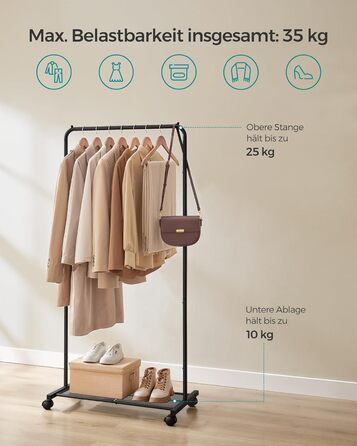 SONGMICS Clothes Rack, Rolling Garment Rack, Metal Wardrobe Stand, Rolling Wardrobe 91 cm wide, with Shelf, 2 Wheels with Brake, Rod Load Capacity up to 40 kg, HSR025A01 (Black, 74x40.5x158cm)