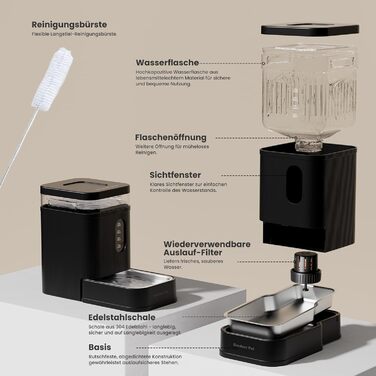 Автоматичний диспенсер води для собак та котів Gardner Pet 6.5L, годівниця, не потребує електрики, з нержавіючою чашею, BPA-free, чорний