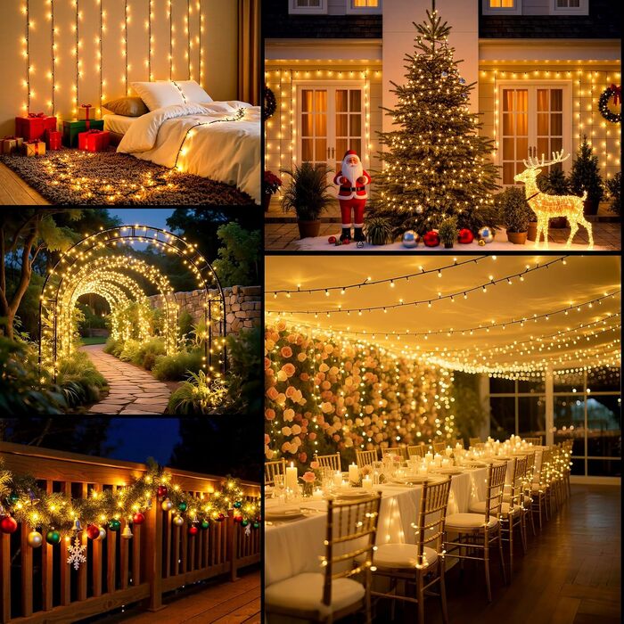 LED гірлянда для прикраси ялинки та декору на балкон/сад: 15м + 5м, 150 LED, тепле біле світло, таймер, пульт, 8 режимів