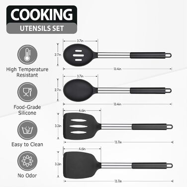 Silicone Spatula and Spoon Set, 4-Piece Silicone Kitchen Utensils Cooking Utensil Set with Stainless Steel Handle, Non-Stick Heat-Resistant Black Cooking Utensil Set, Healthy, Dishwasher Safe