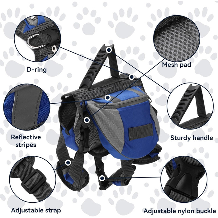 Рюкзак для собак Cyrank: набір посуду, жилет, сумка для їжі та води, рюкзак для собак, жилет для собак, сумка для їжі та води для собак, туристичний рюкзак для собак з світловідбиваючими смугами, жилет для собак, для великих собак (M)
