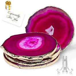 Yougoals Coasters, Geode Coasters for Drinks, Gemstone, Natural Stone, Agate Slices, Coasters, Cup Mat for Home Decoration (4 Pieces) (Pink)