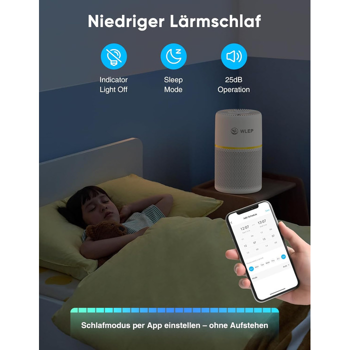 Розумний очищувач повітря з Wi-Fi, керуванням через додаток та голосовими помічниками Alexa/Google, 360° повітряний потік, фільтр HEPA H13 (99,97%), тихий нічний режим (20 dB), CADR 90 м³/год, кольорове підсвічування для спальні, модель KJ1-3S APP