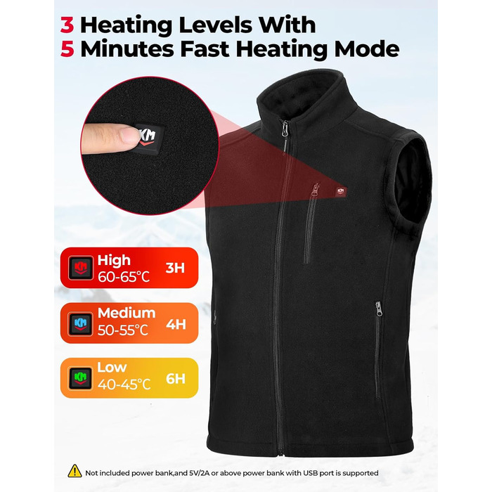 Електрична гріюча жилетка KEMIMOTO з 4 зонами нагріву, флісова жилетка USB для чоловіків та жінок, для мотоцикла, велосипеда, катання на лижах, кемпінгу, піших прогулянок (без акумулятора)