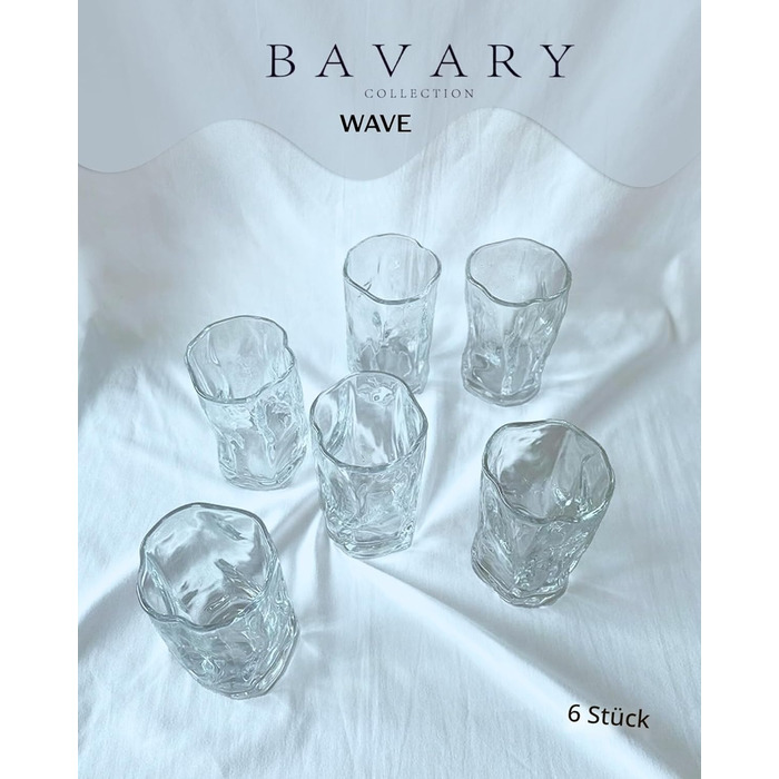 Набір склянок BAVARY Wave 6 шт по 250 мл для води, чаю, кави, коктейлів - термостійкі, прозорі склянки для лате макіато, морозива