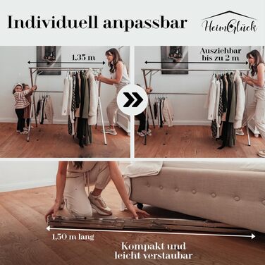 Clothes Rack / Laundry Rack + Bag Moritz [Extendable 1.30-2.0m, foldable, very stable stainless steel] Clothes Rail, Coat Rack, Entrance Hall Coat Rack, Open Wardrobe (Silver, with hooks / with bag / with wheels)
