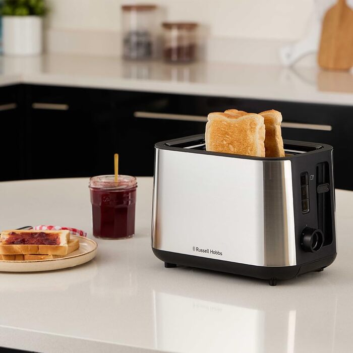 Тостер Russell Hobbs Textures+ з широкими слотами, підставка для бургерів, щипці, 6 рівнів підсмажування, розморожування та підігріву, 850W, 22601-56, нержавіюча сталь, 2 відсіки