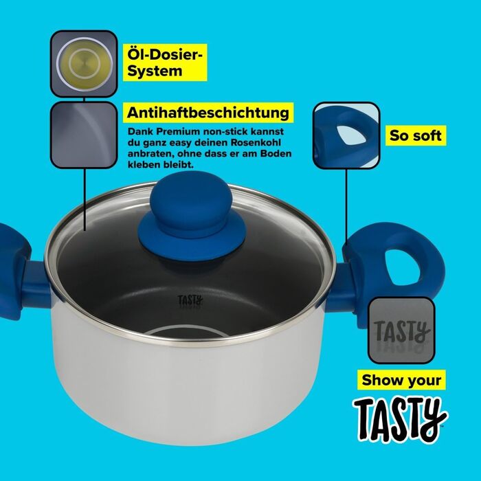 Каструля з антипригарним покриттям Tasty з кришкою з термостійкого скла та дозатором олії, 20 см, 3500 мл, алюміній, для всіх типів плит (включно з індукцією), придатна для миття в посудомийній машині (16 см каструля)