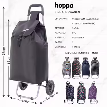 Hoppa 57L Stable Shopping Trolley, Foldable Shopping Trolley, Multifunctional Shopping Cart with Removable Bag, Rolling Shopping Cart, Wagon (Black)