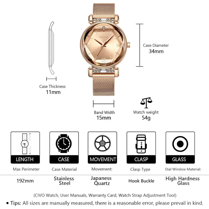 Жіночий годинник CIVO водонепроникний мінімалістичний аналоговий кварц, мода, сукня, елегантний, повсякденний кварцовий годинник для жінок (Y-4 Рожеве золото)