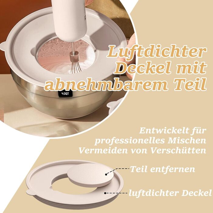 Mixing Bowl Set of 6, Stainless Steel Bowls with Airtight Lid & Silicone Bottom, 3 Grater Attachments, Bowl Set for Baking/Serving, 6.6 L/3.8 L/2.4 L/1.9 L/1.4 L/0.6 L - Khaki