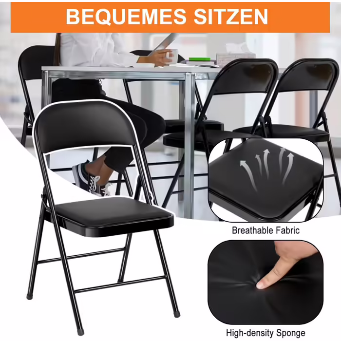BULAGE Folding Chair 6-Piece Set, Foldable Garden Chair, Waterproof Camping Chair up to 158 KG, Metal Folding Chair, Folding Chairs for Guests, Kitchen, Camping, Black 6-Piece Set Black
