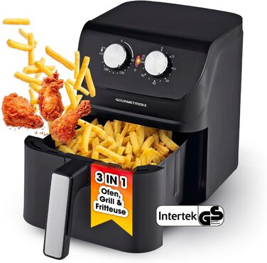 Gourmetmaxx Hot Air Fryer 4 L | Air Fryer with Timer Function & Stainless Steel Heating Element | Practical Preheating & Keep Warm Function | Low Odor, Energy-Saving & Virtually Oil-Free | 1400 W Matte Black 4 Liters