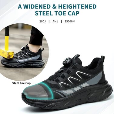 Черевики безпеки для роботи: чоловічі та жіночі, зручні, з металевим носком, легкі, дихаючі, для промисловості, з поворотними пряжками та шнурівками, 42 EU, чорні