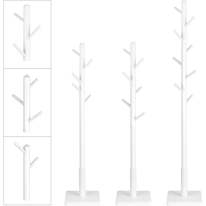 VASAGLE Coat Rack, Clothes Rack Solid Wood, Tree Shape Jacket Stand, 8 Hooks for Jackets, Hats, for Entryway, Hooks and Hold Bar Made of Rubber Wood, Cloud White RCR010W02