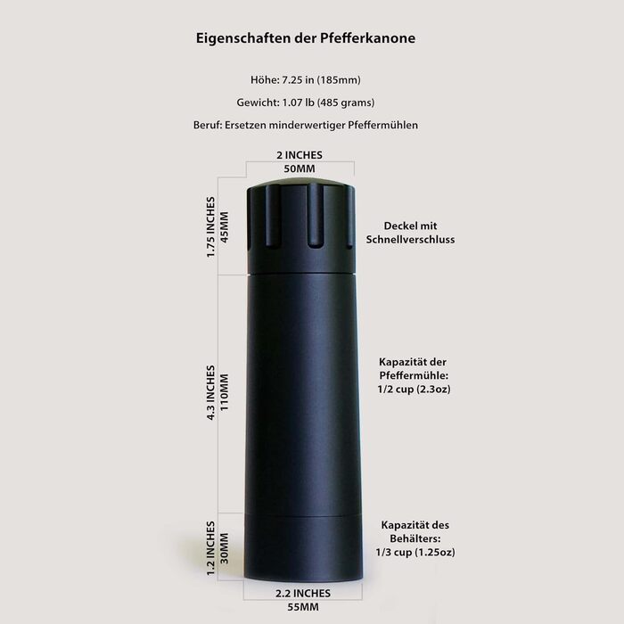 MANNITCHEN Pepper Cannon Pepper Grinder - Professional, high-performance, grinds 10 times more pepper, perfect for steaks, barbecues, and more