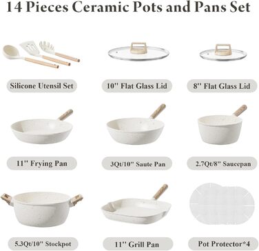 Набір посуду 14 предметів з антипригарним покриттям, преміум-кераміка, для індукційних плит, без PFOA, PTFE, PFAS, з аксесуарами