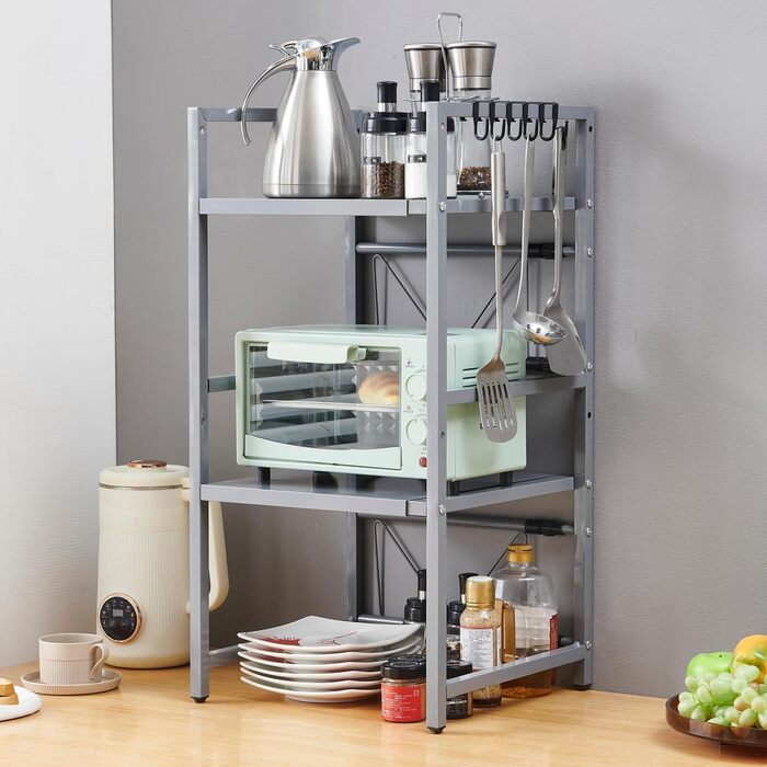 Розширювана полиця для мікрохвильової печі, робоча поверхня над мікрохвильовкою, підставка, органайзер для фритюрниці, економія місця, стояча, полиці пекаря (Чорний/3 (Сірий / 3-ярусна))