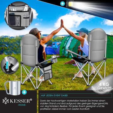 Крісло кемпінгове складне KESSER® до 150 кг, з підлокітниками, високою спинкою, сіре/чорне. З підсклянником та сумкою