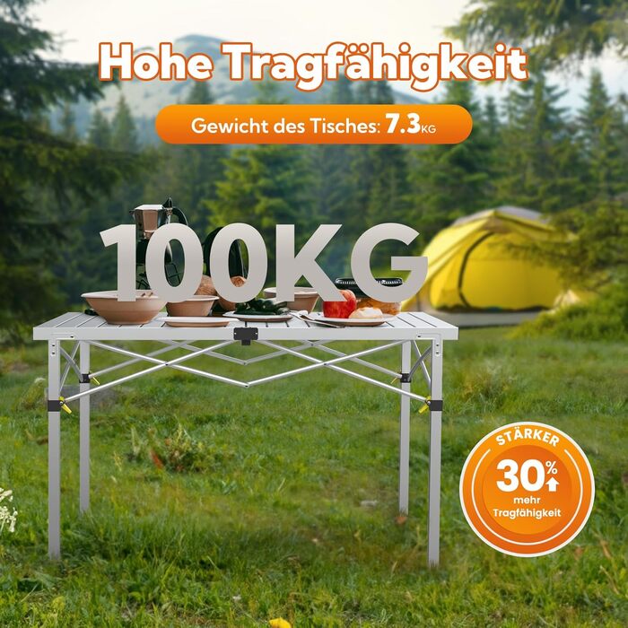 Розкладний туристичний стіл для кемпінгу на 100 кг, регульована висота (76/84,5/92,5 см), стабільний алюмінієвий стіл, великий розмір 120 x 70 см, для 6 осіб, Roll Up, підходить для кемпінгу, відпочинку на природі та саду (срібний)