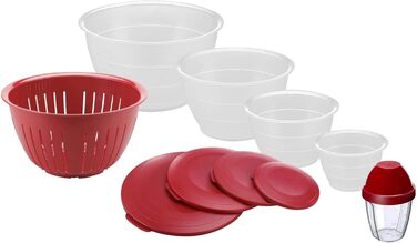 Набір мисок Westmark Olympia з кришками та друшляком, 9 предметів, пластикові, BPA-free, 0,6/1,3/2,5/4,4 л, прозорі/червоні, з шейкером