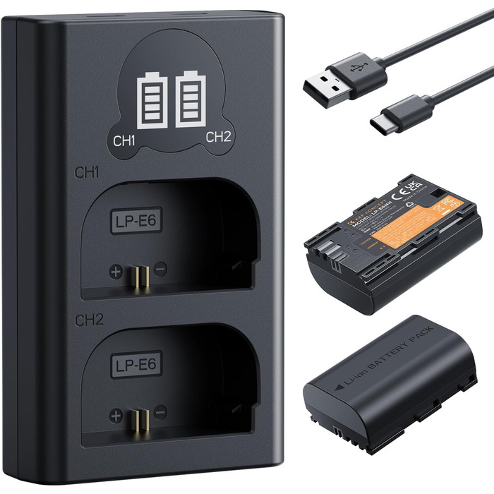 Акумулятор K&F Concept LP-E6NH 2600mAh (2 шт.) з зарядним пристроєм для Canon EOS R7, R5, R6, 6D II, 7D II, 60D, 70D, 80D, 90D