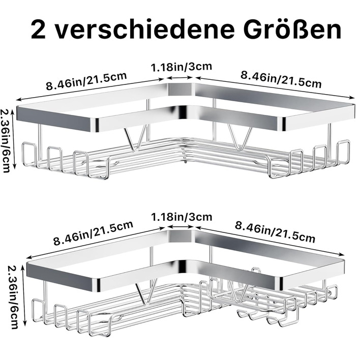 Полиця для душу YIGII без свердління, 3 шт. з нержавіючої сталі, органайзер для ванної кімнати, велика місткість, самоклеюча з мильничкою та 4 гачками, тримач для шампуню, сріблястий (2 шт.)