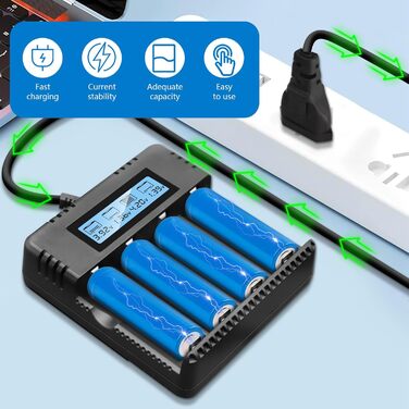 Зарядний пристрій для акумуляторів Li-Ion з LCD-дисплеєм: швидка зарядка 4 слоти, сумісний з 26650/18650/14500/16340