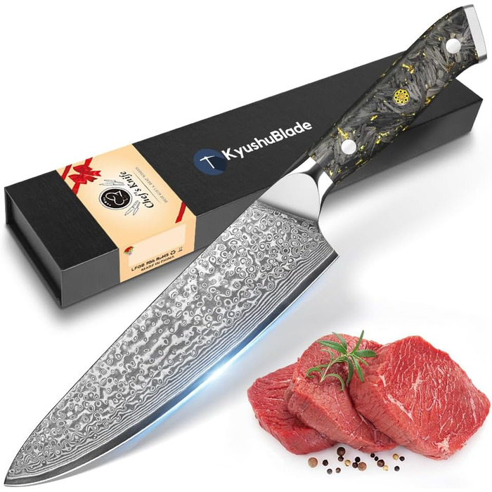 Японський ніж Kuchmesser Kyushublade з дамаської сталі (67 шарів), професійний, з унікальною ручкою з карбону та золота