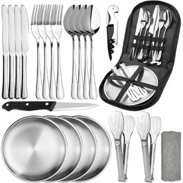 Набір посуду для кемпінгу на 4 особи, 22 шт. Посуд для відпочинку на природі, столові прибори (ложки, виделки, ножі), фіксатори для тарілок, серветки для миття. Ідеально для пікніків та подорожей.