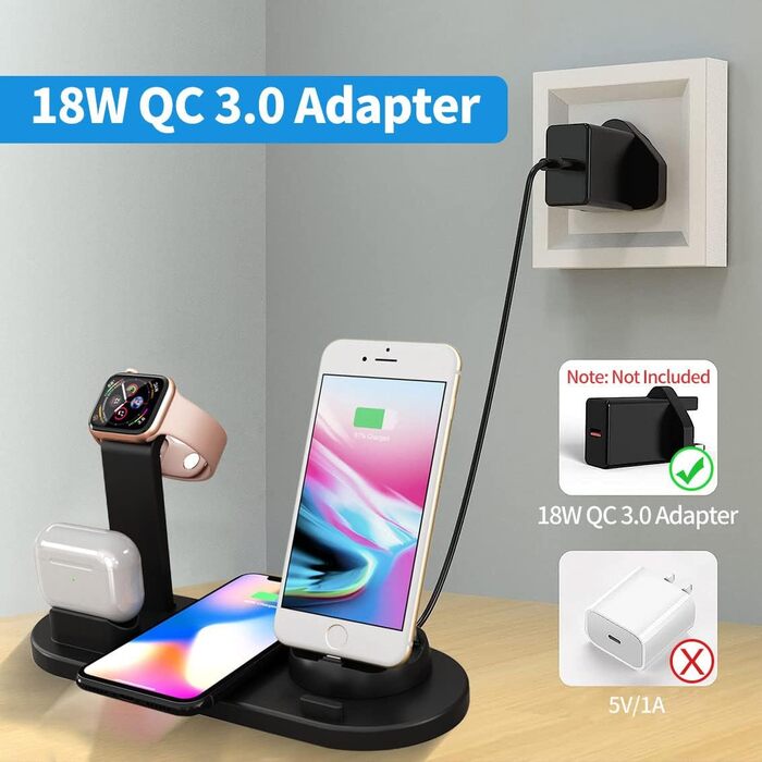 База для бездротової зарядки 6-в-1, 360° обертання, сумісна з Apple, Micro, Type-C, Qi, iWatch, AirPods, iPhone, Samsung Galaxy, чорний