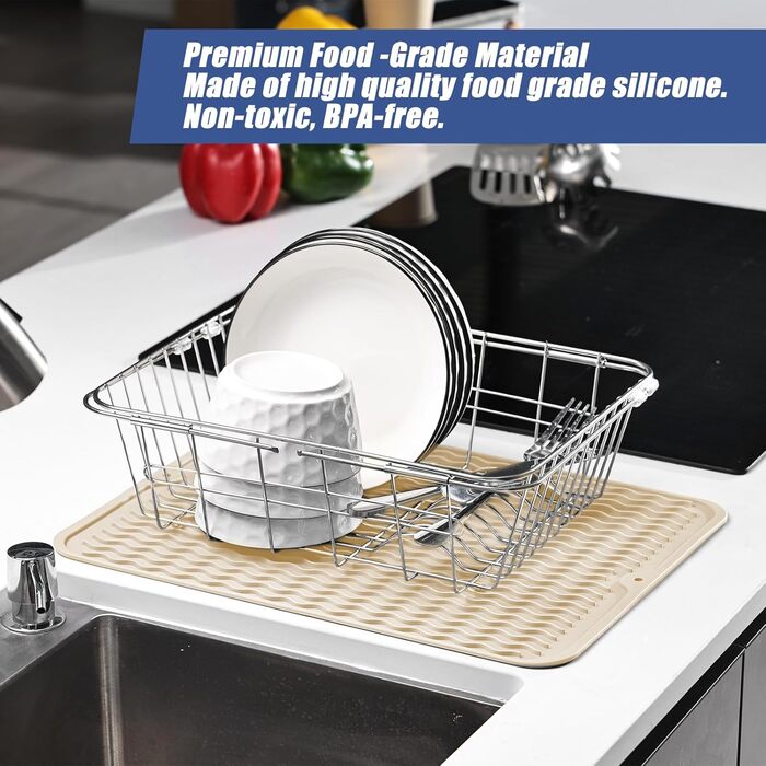 Килимок для сушіння посуду KitchenRaku 40x45 см, силіконовий, термостійкий, неслизький, для мийки, бежевий