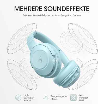 Бездротові навушники DOQAUS Bluetooth з тривалим часом роботи (70 годин), Over-Ear, Bluetooth 5.4, з кабелем, 3 режими EQ, HiFi стерео для подорожей/телефону/ПК (блакитні)