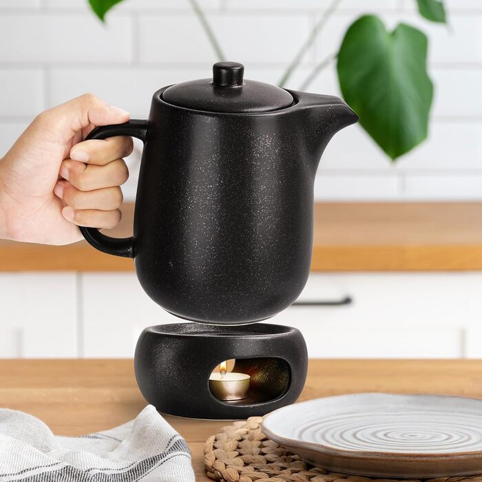 Happy Lemuro Teapot Set with Trivet - 1.2 l - Ceramic Teapot with Infuser and Candle Warmer - Tea Pot - Teapot - Ceramic Teapot with Trivet - Tea Canister