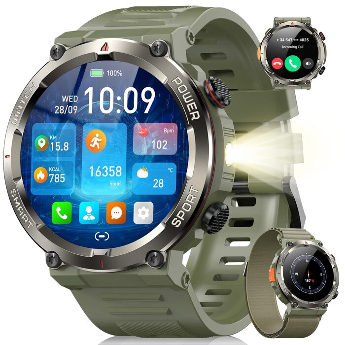 Смарт-годинник Blackview Army Green: IP68, 100 днів автономії, компас, Bluetooth-дзвінки, моніторинг серця та сну, 100+ спортивних режимів, сумісний з Android/iOS