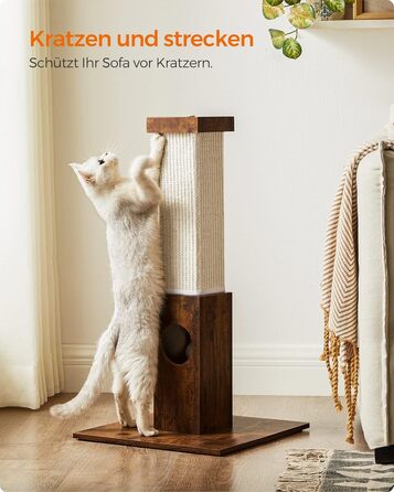Feandrea Cat Tree, Scratching Post, Cat Scratching Tree, 10 cm Thick Trunk, Scratching Post Made of Natural Sisal Rope, 73 cm High, with Plush Play Ball, Furniture Scratch Protector, PCA021G01 (Vintage Brown)