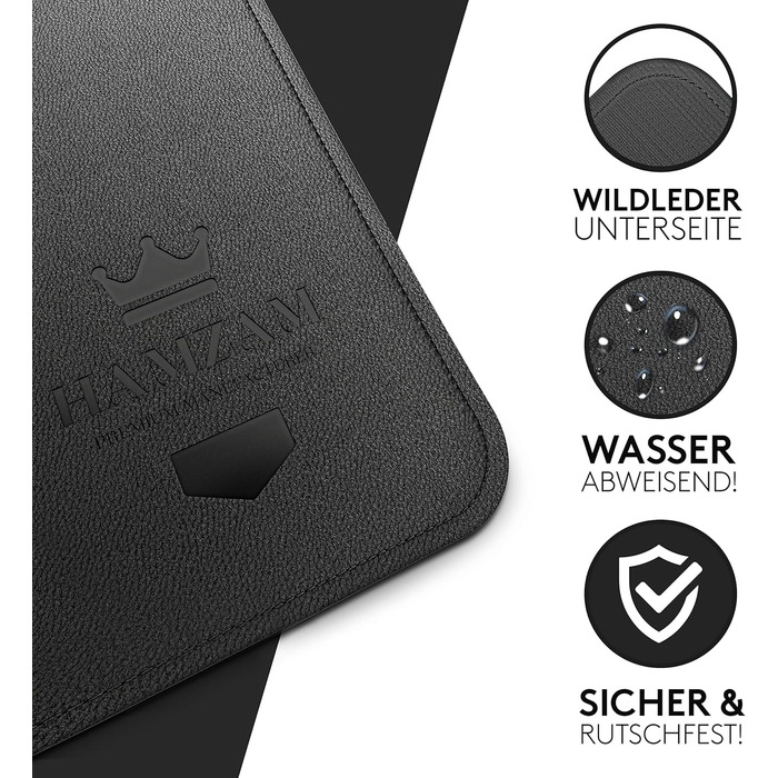 Підкладка для столу HAMZAM з PU шкіри, 90x40 см - преміум якість, з інтегрованим ковриком для миші, чорна