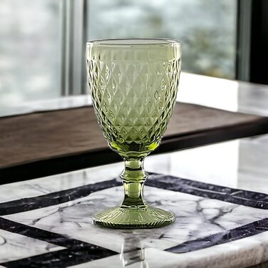 Vintage Set of 6 Colored Glasses and Tumblers with Diamond Pattern (Netz Green Wine Glass), Long Drink Glasses, Cocktail Glasses with Embossing, Glass, Tumbler, Wine Glass, Water Glass, Goblets