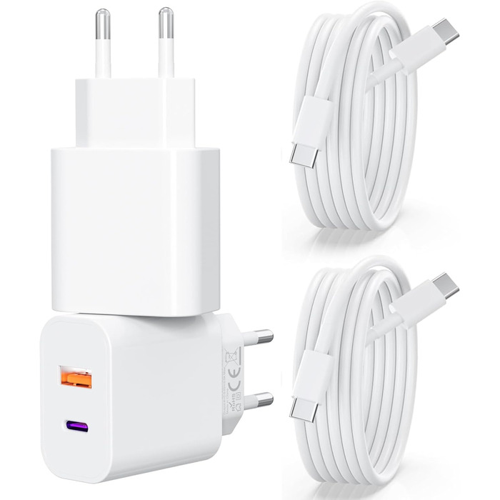 Подвійний зарядний пристрій USB-C 25W з адаптером [2 в 1] 2 шт. для iPhone/iPad/навушників/телефонів. Мережевий адаптер з кількома роз'ємами, PD 3.0, швидка зарядка, білий (з кабелем CC, білий)