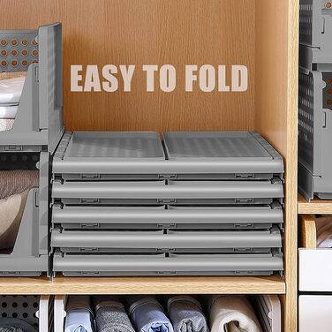 Set of 4 Stackable Folding Clothes Closet Storage Boxes, Plastic Closet Shelves, Closet Organizer Box, Pull-Out Drawer-Like Design, Suitable for Home, Bedroom, Kitchen (Gray)