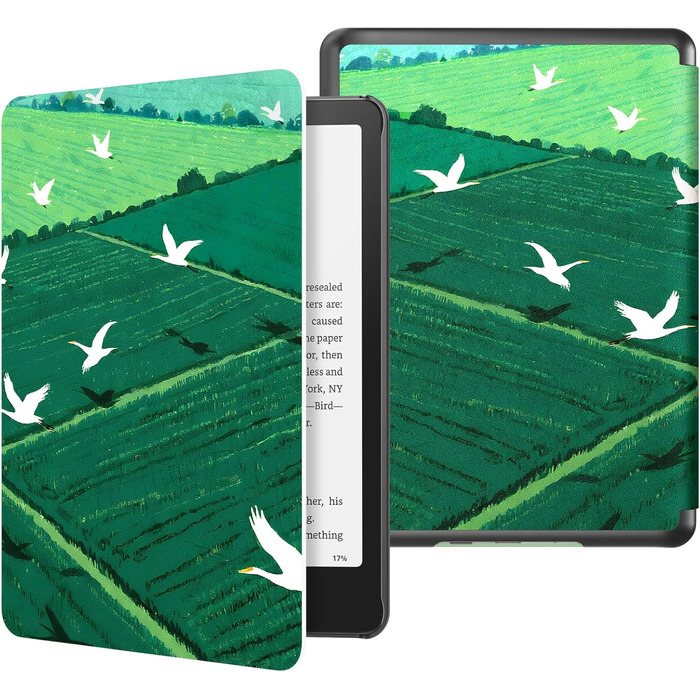 Чохол MoKo для Kindle Paperwhite 12th Gen (2024) та Kindle Colorsoft Signature Edition (2024), PU шкіра, авто-сон/пробудження, сірий ліс (зелена трава та птах)