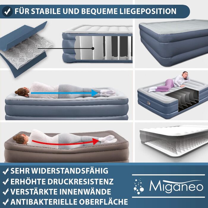 Надувний матрац Miganeo Premium XL 203x152x51 см з електронасосом та антимікробним покриттям (до 300 кг)